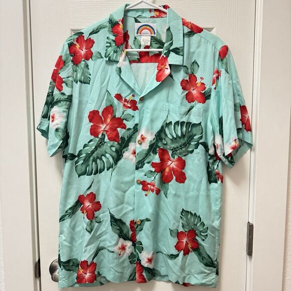 Paradise Found Womens Medium Teal Red Hibiscus Hawaiian Shirt Short Sleeve - Picture 1 of 5